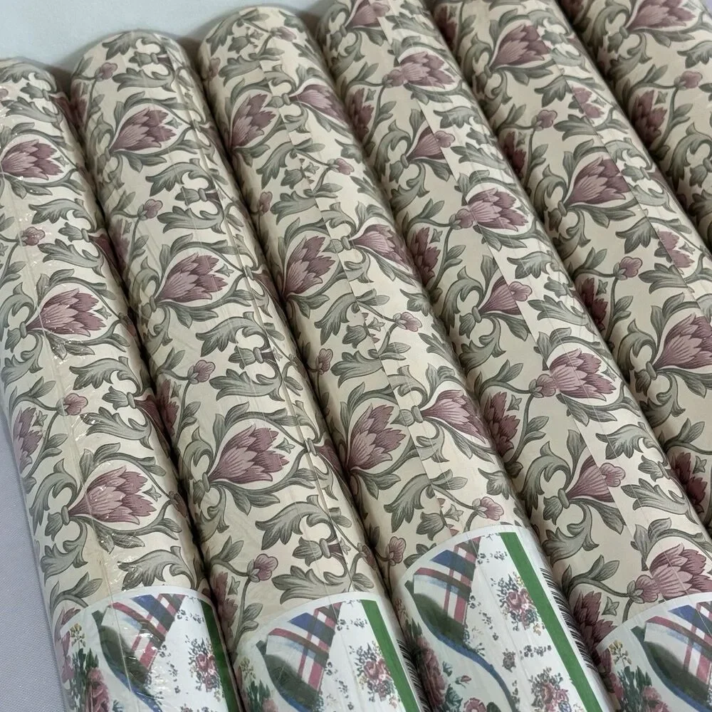 6 Rolls Vintage Imperial Wallpaper Floral Damask Mauve Pink Green Cottagecore